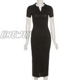 Hnewly Summer Midi Dress Women Black Lapel Knitted Split Robe Sexy Backless Short Sleeve Basic